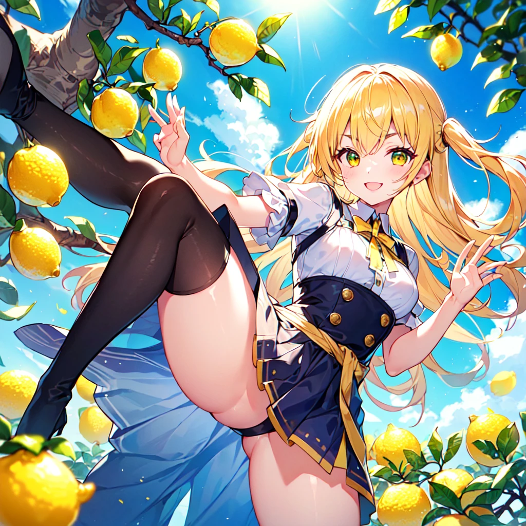 masterpiece, best quality, high quality, extremely detailed, very delicate and beautiful, (1 female 18 years old alone solo: 1.2), (lemon hair long and two side up to waist: 1.4), fringes to eyebrows, eyes (eyes sharp, strong, glossy, glossy eyebrows), (eye colour yellow-green:1.3), 6.5 head tall, (lemon section print summer fashion:1.3), skirt, knee socks, (smiling), (standing), (hands raised), (dynamic pose), (background lemon tree:1.3), (blue sky).