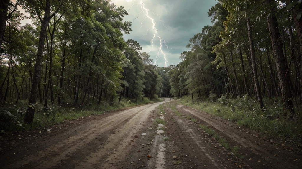 A dirt road in the middle of the forest, with lots of green foliage, and a sky with a hurricane full of lightning, destroying everything, trees, leaves flying (weather) and super details with great resolution
