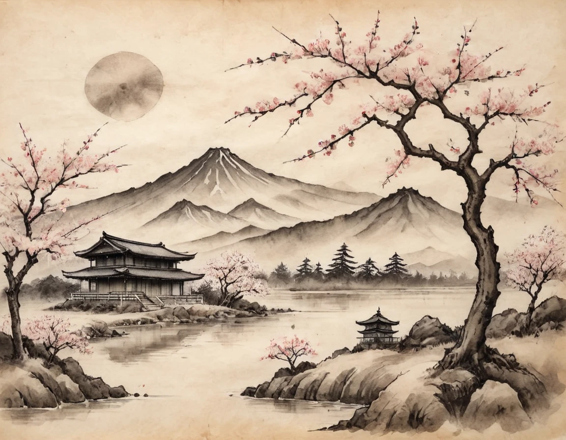 Japanese Ink Drawing on parchment, a japanese landscape with mountains in the background and cherry trees in the foreground, burnt edgesink illustration, inkwash, Japanese Ink Drawing