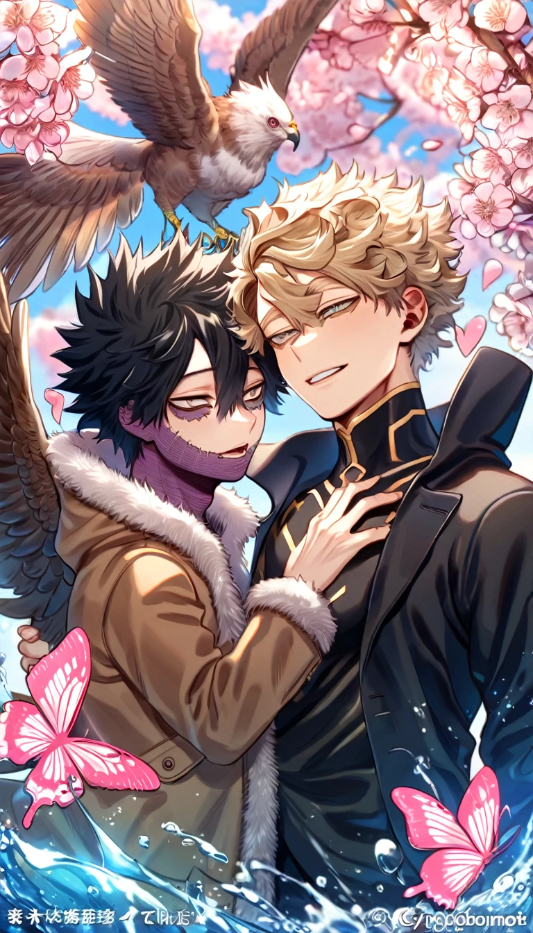 absurdres, highres, ultra detailed, HDR, master piece, best quality, extremely detailed face, delicated features, Hawks, ash blond hair, expressive brown eyes, Boku No Hero Academia, Dabi, black hair, expressive turquoise eyes, two sexy men together, yaoi, gay couple, handsome, brown jacket with fur, black tight shirt, black coat, water, blossoms, pink flowers, pink butterflies, fantasy, magic, radiant
