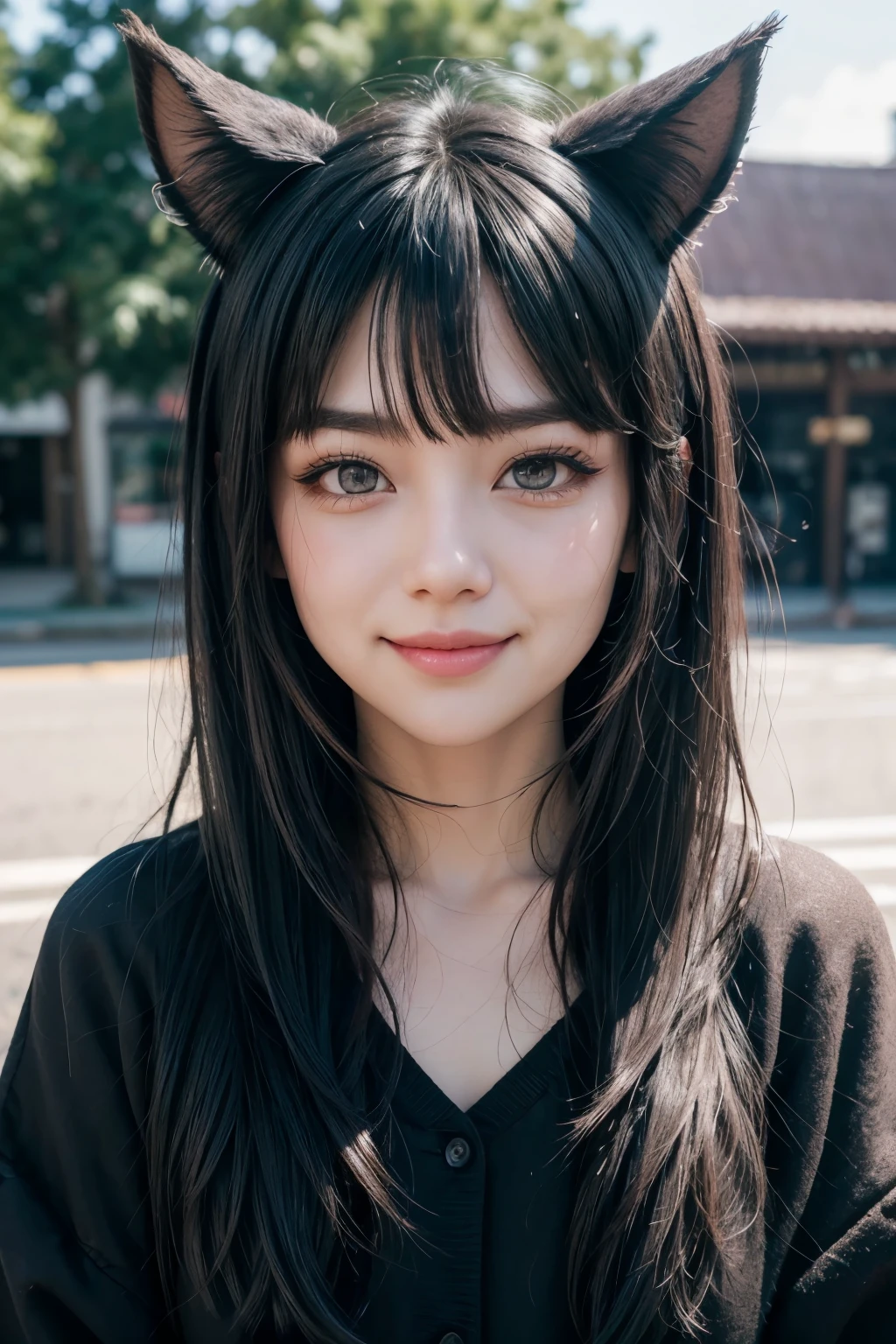 black hair, hair bobbles, wince, longeyelashes, solid circle eyes, fake animal ears, light smile, ear blush, fang, ccurate, Surrealism, drop shadow, anaglyph, stereogram, tachi-e, pov, atmospheric perspective, 8k, super detail, best quality