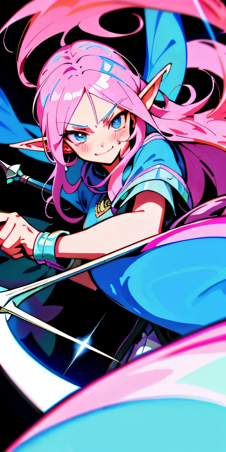 Very detailed illustration of a valkyrie, elf woman, holding rapier, long dark-pink hair, smirk, single small fang, blue eyes, blushed, zoomed, detailed colorful port environment, whimsical, tetradic colors, cartoon, darkest dungeon merged with league of legends, MSchiffer, fairytale, fantasy, cartoonish vector, anime, manga, vibrant, soft pastel colors, (cel-shaded) flat coloring