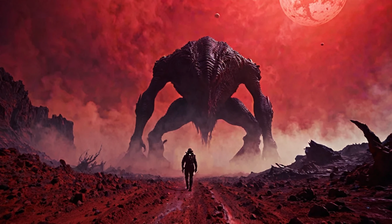  monster gigante, walking , alien planet, red fog in the background, science fiction atmosphere, modern style, hyperrealistic, cinematic, cinematography, dark lighting, very detailed, very focused, poster style IMAX film, realistic, medium close-up, dynamic shot, --chaos 10 --ar 6:5 --raw style --stylize 600