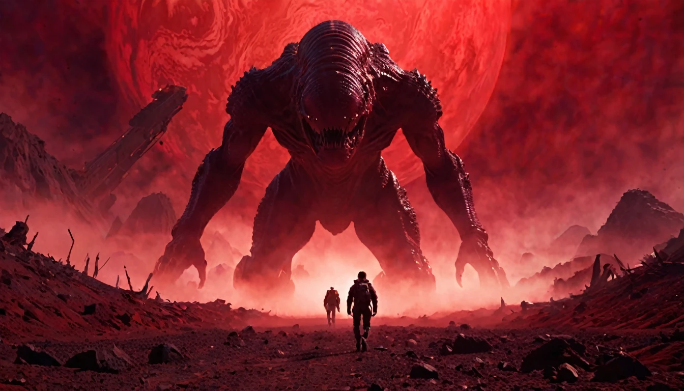 monster gigante, walking , alien planet, red fog in the background, science fiction atmosphere, modern style, hyperrealistic, cinematic, cinematography, dark lighting, very detailed, very focused, poster style IMAX film, realistic, medium close-up, dynamic shot, --chaos 10 --ar 6:5 --raw style --stylize 600