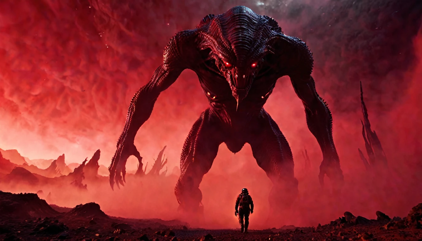  monster gigante, walking , alien planet, red fog in the background, science fiction atmosphere, modern style, hyperrealistic, cinematic, cinematography, dark lighting, very detailed, very focused, poster style IMAX film, realistic, medium close-up, dynamic shot, --chaos 10 --ar 6:5 --raw style --stylize 600