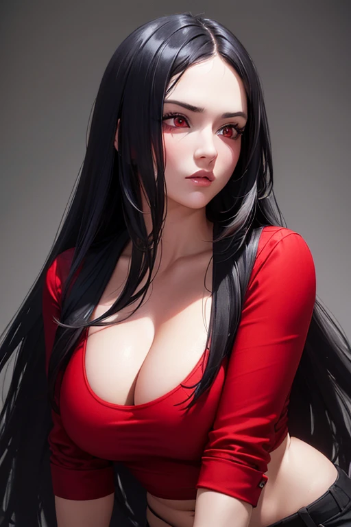 (best quality,ultra-detailed,realistic:1.37),long black hair,red eyes,intense expression,curvy figure,casual black clothes,vivid colors,portrait