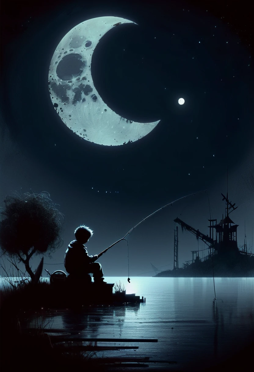 Ashley Wood style, dark scarlet background, Chemiluminescence. (animation. boy fishing sitting on a crescent moon, night, 1 moon, romance, fairytale background) (minimalism: 1), ray tracing details...Stephen Gammell style - Iai in the style of Stephen Gammell