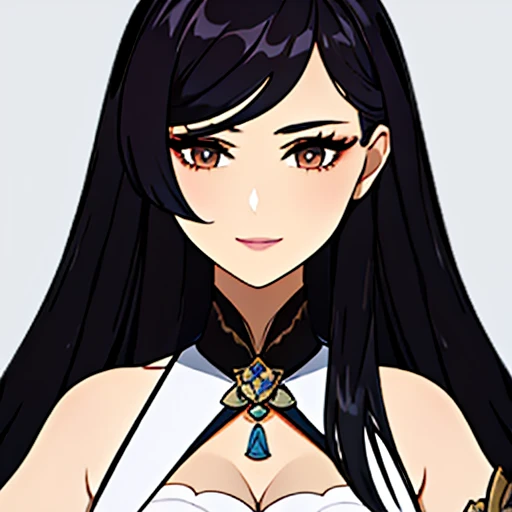 [a gorgeous, mature woman with a seductive smile and parted lips against a white background. She has sharp eyelashes, eyes browns, and long black hair with bangs. His figure is voluptuous, with a narrow waist, Broad Hips, and huge breasts. The image has an impact, Genshin-inspired style, rendered in high detail and HDR quality as a stunning work of art.]