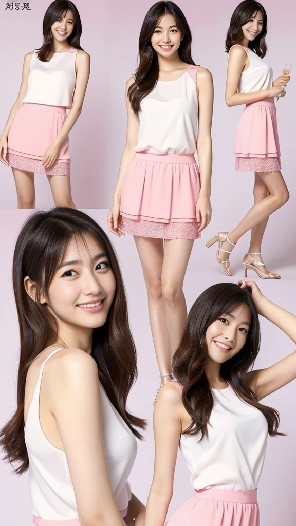 Three Japanese women in short dresses posing for a photo、Long legs、sleek legs、(Highest quality、high resolution、High resolution、masterpiece、8K:1.2)、tall and slim figure、Wear tight fitting clothes、mini skirt、Tall and thin、High heels、Beautiful feet、Japanese female fashion model、For tight clothing、Waist height、クロップドシャツとmini skirt、Detailed face、Detailed eyes、Shiny Hair、Beautiful Japanese Women、Smiling Kindly、(Clear photos、RAW Photos、Lifelike, detailed photos:1.3)