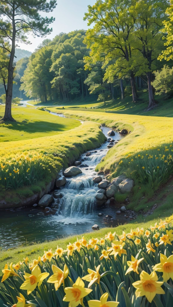 Nature landscape, spring and vibrant daffodils beautiful scene, saturated with color ,High Definition Photography, Realistic nature,  HD 4K. 