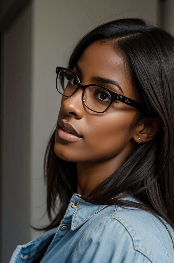 (Alta resolución) (8K) (detallado)
thin girl, straight dark hair, glasses, Aquiline nose, glasses, flirtatious look, dark skin under, YOUNG (lencería)