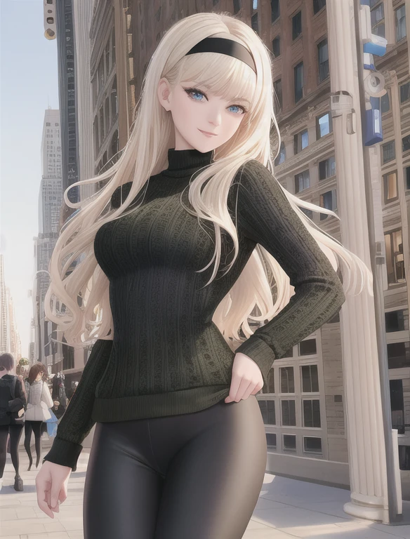 (masterpiece,best quality,absurdres,beautiful,aesthetic,detailed), (Detailed face:1.2), (Detailed eyes:1.2), 1girl, solo, (Gwen Stacy:1.1), platinum blonde hair, bright blue eyes, ((Wearing: Black headband, olive green sweater, shiny black leggings, Ugg Boots)),holding a handbag, looking at viewer with a relaxed and mellow smile, walking outside on New York streets, crowds of people on the surroundings, full body, busy atmosphere, cinematic lighting, detailed background,
