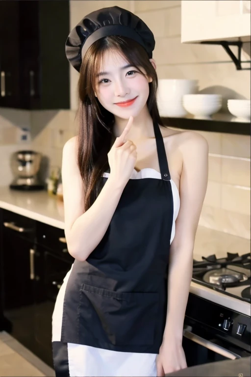 ((best quality)), ((masterpiece)), (detailed), 1girl, beautiful straight black long hair , beautiful smile ,sexy pose , standing position , naked apron , chef hat , cooking , kitchen background