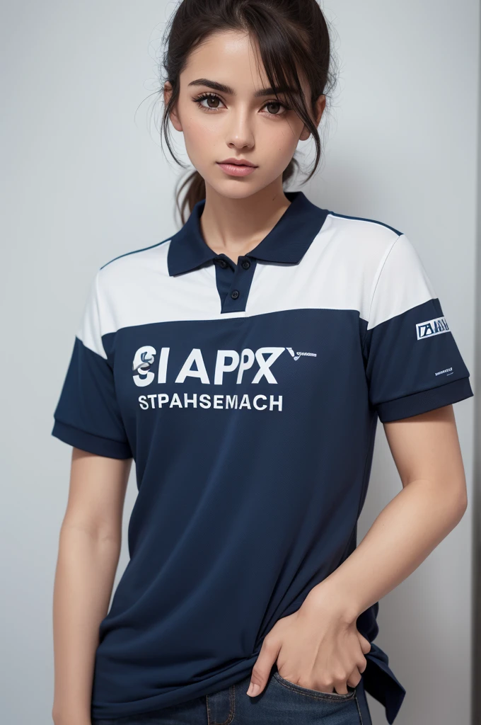 Polo t-shirt with "sales technician" creatively written on the front of the t-shirt on the right chest, and on the back written Ana Beatriz (all details in navy blue and white)