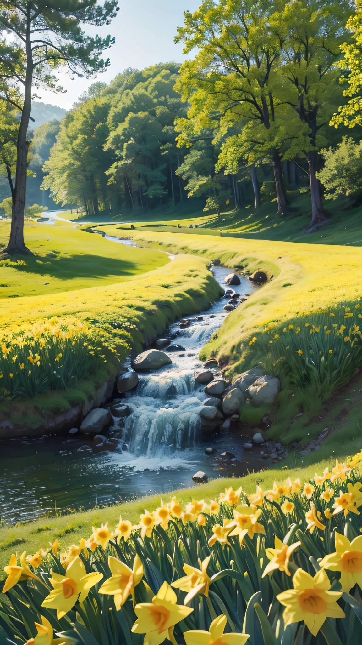 Nature landscape, spring and vibrant daffodils beautiful scene, saturated with color ,High Definition Photography, Realistic nature,  HD 4K. 