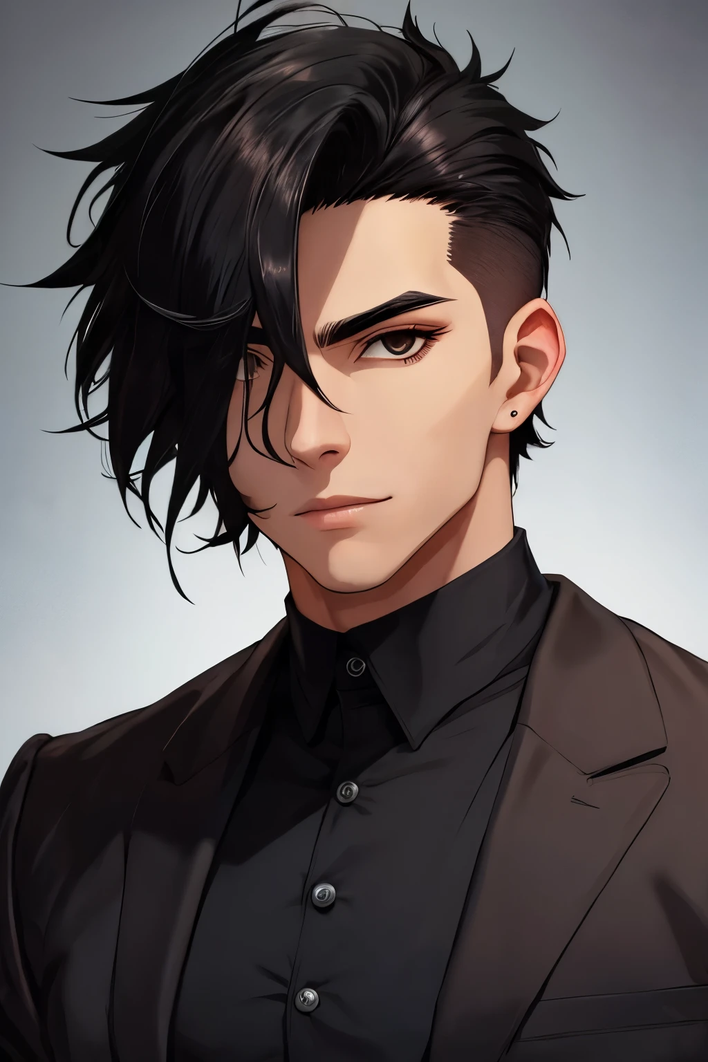 Male, Black hair, wolfcut hairstyle, black eyes, dark clothes, kind of