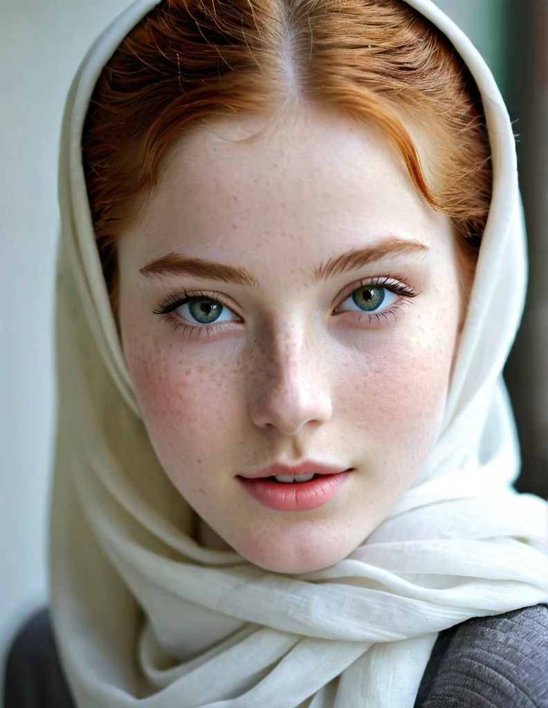 photography half body portrait of very beautiful realistic girl, 15-years-old, porcelain skin, very fair skin, very pale skin, redhead, detail freckles skin, hazel eyes, slanted eyes, small nose, small nostril, thick curved eyebrow, thick bottom lip, seductive gaze, happy face, unique face, wear white glamour hijab, Muslim fancy hijab, long baggy pants, detail photo, realistic photo, master piece picture, sharp picture, outdoor clear daylight she shows her pussy
