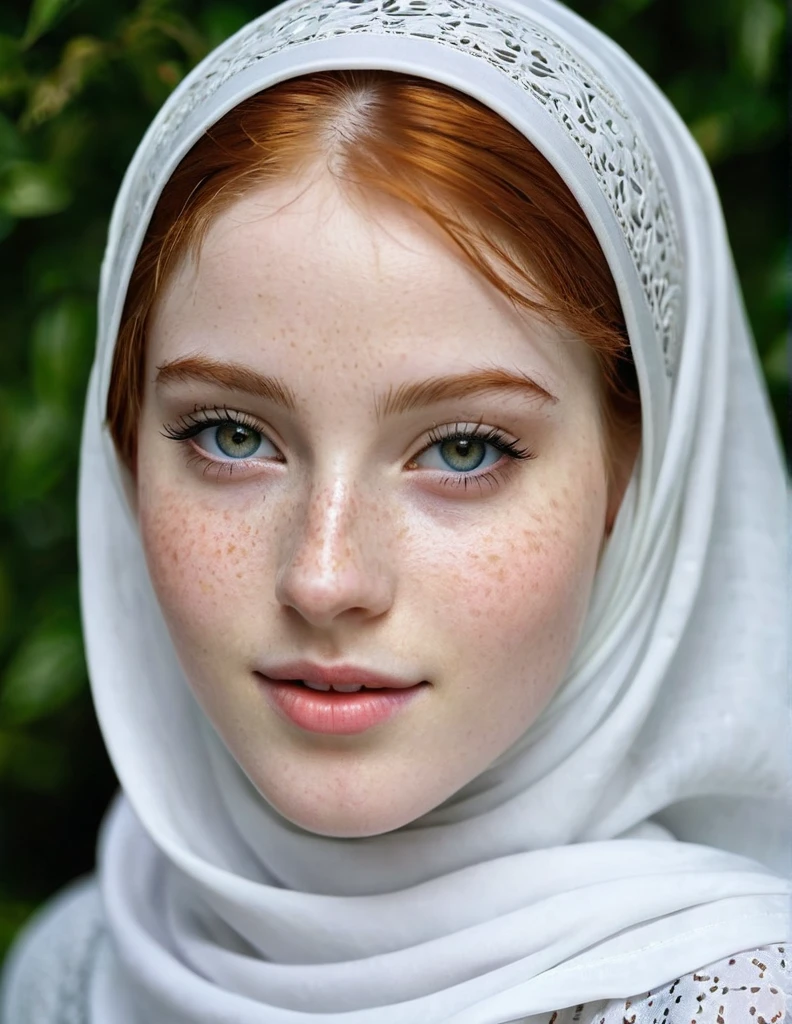 photography half body portrait of very beautiful realistic girl, 15-years-old, porcelain skin, very fair skin, very pale skin, redhead, detail freckles skin, hazel eyes, slanted eyes, small nose, small nostril, thick curved eyebrow, thick bottom lip, seductive gaze, happy face, unique face, wear white glamour hijab, Muslim fancy hijab, long baggy pants, detail photo, realistic photo, master piece picture, sharp picture, outdoor clear daylight she shows her pussy