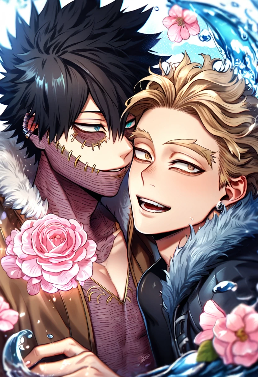 absurdres, highres, ultra detailed, HDR, master piece, best quality, extremely detailed face, delicated features, Hawks, ash blond hair, expressive brown eyes, Boku No Hero Academia, Dabi, black hair, expressive turquoise eyes, two sexy men together, yaoi, gay couple, handsome, brown jacket with fur, black tight shirt, black coat, water, blossoms, pink flowers, pink butterflies, fantasy, magic, radiant