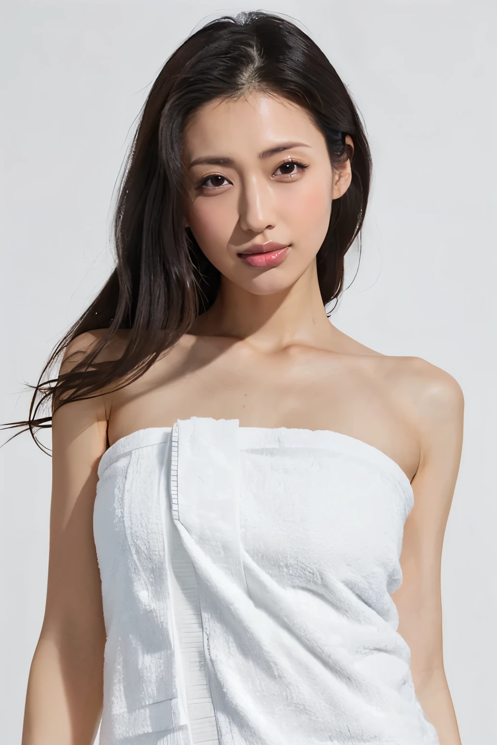 (Highest quality、Tabletop、8K、Best image quality、Award-winning works)、One beautiful woman、(Naked with a bath towel wrapped around her:1.3)、(The simplest pure white background:1.2)、(Damp Hair:1.3)、(Sweaty, damp skin:1.3)、Brightly lit face、Hot face、(Staring at me with a cold, blank look:1.3)、(White skin:1.2)、Short chignon、Very bright、Beautiful face in ultra-high definition、Ultra HD Hair、Ultra High Definition Moist, Shiny skin、Super high quality glossy lip、(Accurate anatomy:1.1)、(Big Breasts:1.3)、Slender body、(Accentuate your body lines:1.1)、(Accurate anatomy:1.2)、(Perfect beautiful bath towels:1.5)、look at me、Standing Elegantly、(Close-up of face:1.7)
