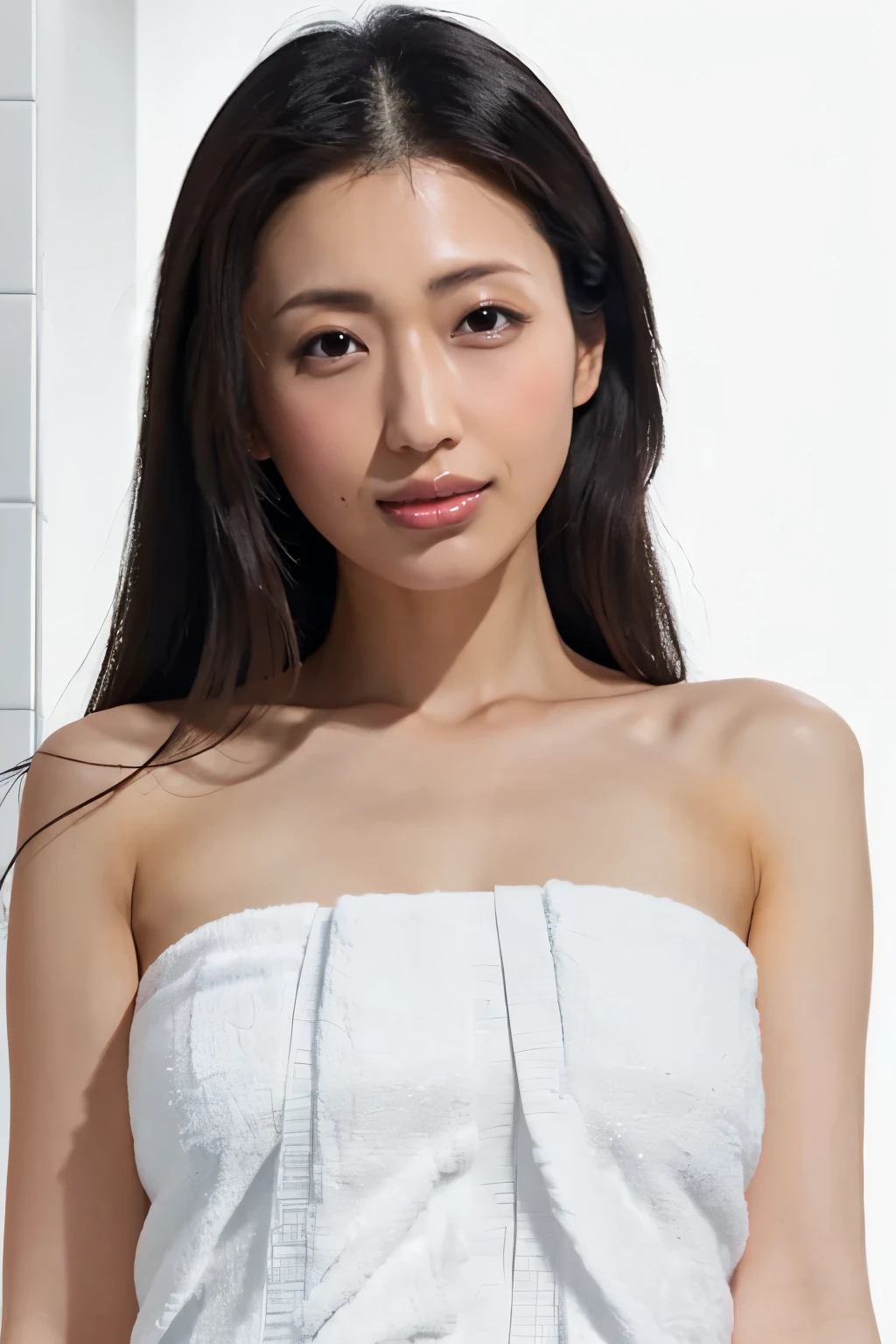 (Highest quality、Tabletop、8K、Best image quality、Award-winning works)、One beautiful woman、(Naked with a bath towel wrapped around her:1.3)、(The simplest pure white background:1.2)、(Damp Hair:1.3)、(Sweaty, damp skin:1.3)、Brightly lit face、Hot face、(Staring at me with a cold, blank look:1.3)、(White skin:1.2)、Short chignon、Very bright、Beautiful face in ultra-high definition、Ultra HD Hair、Ultra High Definition Moist, Shiny skin、Super high quality glossy lip、(Accurate anatomy:1.1)、(Big Breasts:1.3)、Slender body、(Accentuate your body lines:1.1)、(Accurate anatomy:1.2)、(Perfect beautiful bath towels:1.5)、look at me、Standing Elegantly、(Close-up of face:1.7)