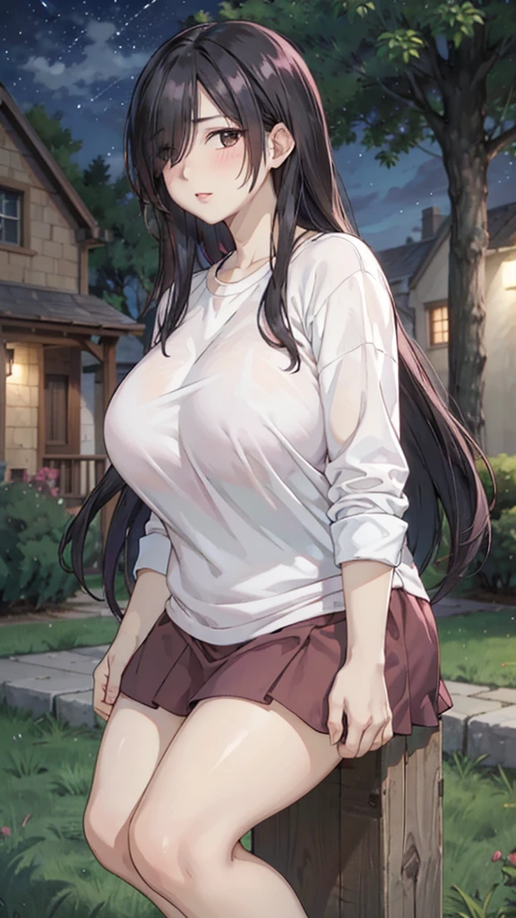 Cute mommy, mature women, realistic skin,perfect ,black hair, long hair, (hair over one eye:1.4), messy hair, hair between eyes, oversize shirt,pink mini skirt, chubby,plump,fat,pucker lips,cute shy blush on,garden, under tree,night