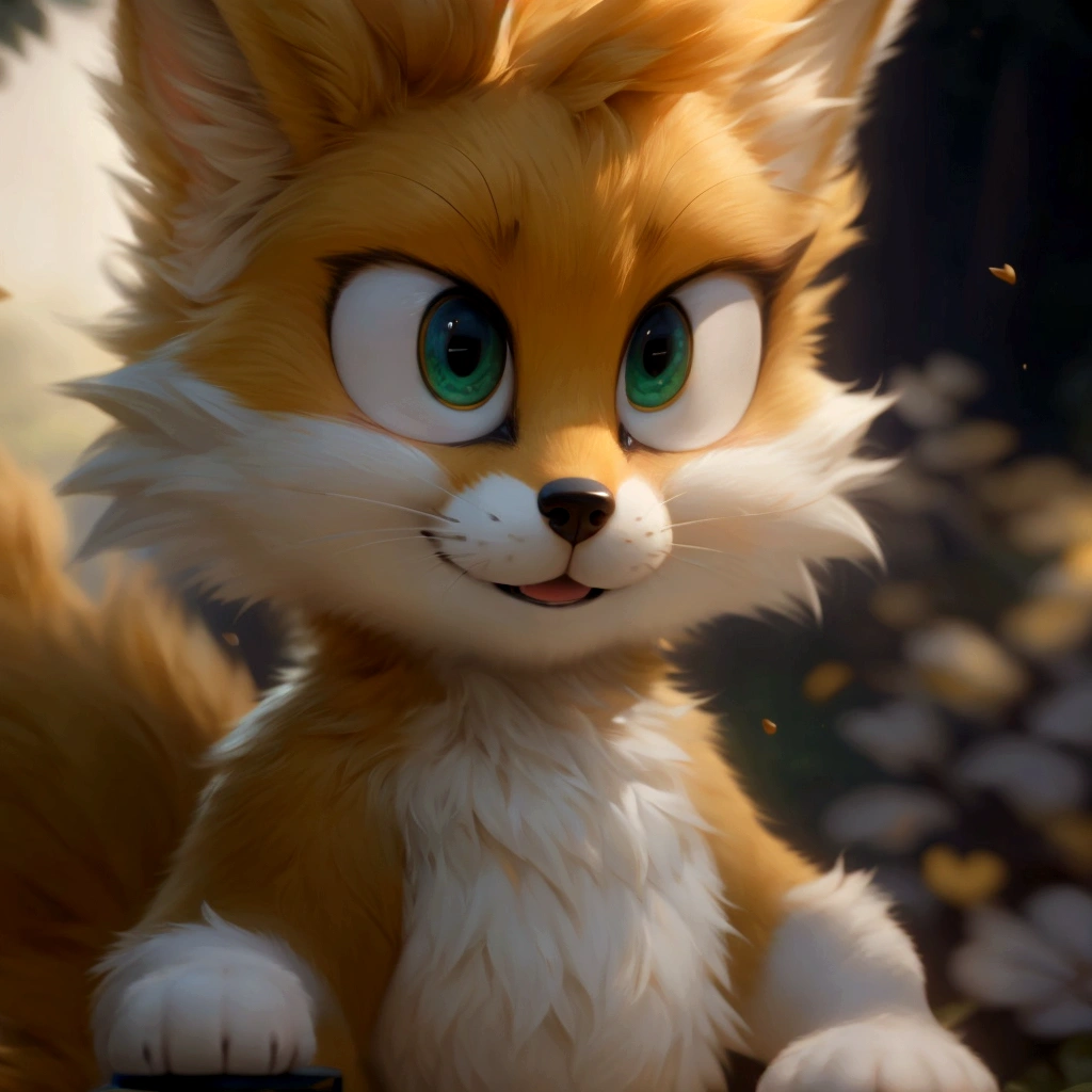cute yellow fox, 1boy, masterpiece, best quality, vibrant lighting, detailed fur, adorable expression, playful pose, lush green forest background, warm sunset lighting, intricate details, photorealistic, 8k, hyper detailed, studio quality, award winning