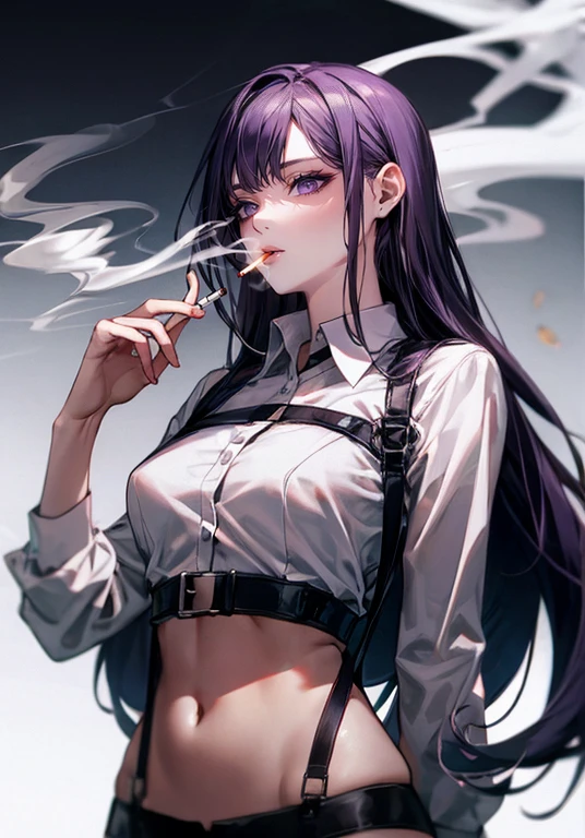 ((Smoking a cigarette)),Purple voluminous long hair,woman,shirt,(body harness)