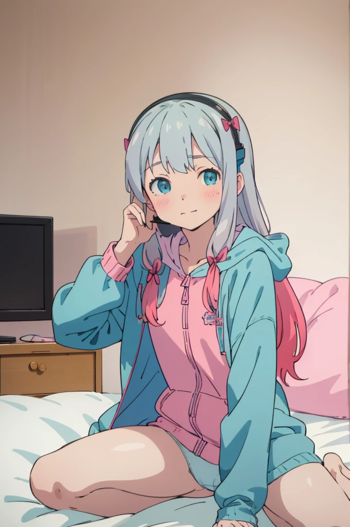 best quality, (masterpiece:1.2), highly detailed,
indoors, bedroom,
izumi sagiri,wariza,open legs,spread legs,panties,((streaming))
1girl, solo, sitting, , looking at the viewer, closed mouth, blush, slight smile,
grey hair, long hair, multicolored hair, blue eyes,
green jacket, hood, headset, pink bow