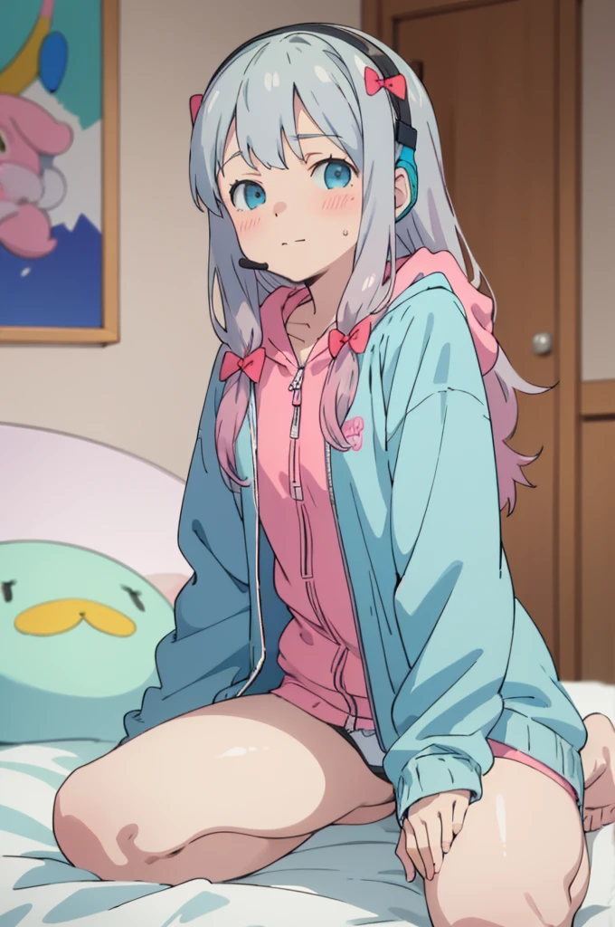 best quality, (masterpiece:1.2), highly detailed,
indoors, bedroom,
izumi sagiri,wariza,open legs,spread legs,panties,((streaming))
1girl, solo, sitting, , looking at the viewer, closed mouth, blush, slight smile,
grey hair, long hair, multicolored hair, blue eyes,
green jacket, hood, headset, pink bow