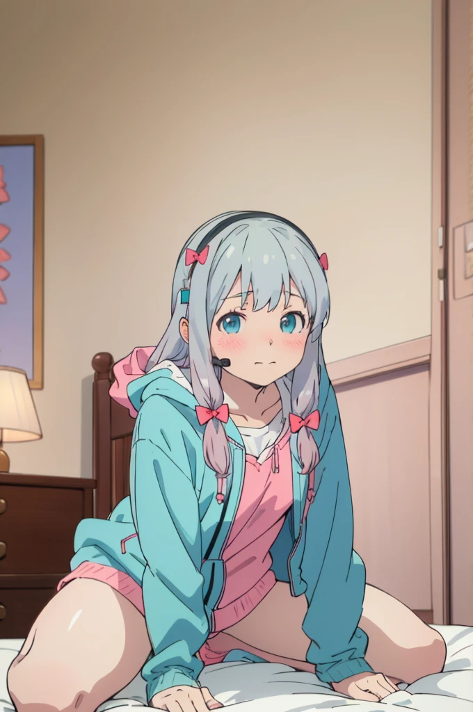 best quality, (masterpiece:1.2), highly detailed,
indoors, bedroom,
 izumi sagiri,wariza,open legs,spread legs,panties,((streaming))
1girl, solo, sitting,  , looking at the viewer, closed mouth, blush, slight smile,
grey hair, long hair, multicolored hair, blue eyes,
green jacket, hood, headset, pink bow