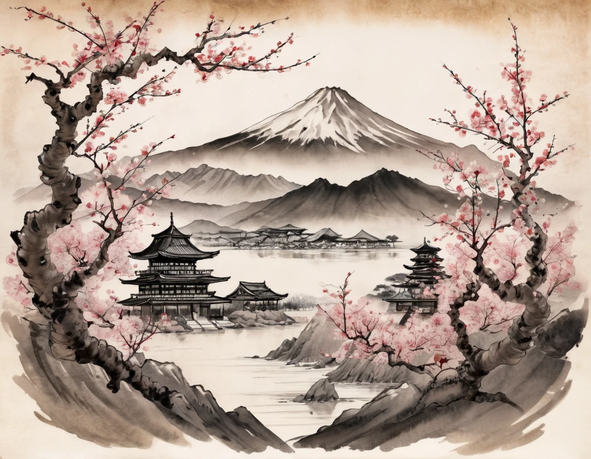 Japanese Ink Drawing on parchment, a japanese landscape with mountains in the background and cherry trees in the foreground, burnt edgesink illustration, inkwash, Japanese Ink Drawing