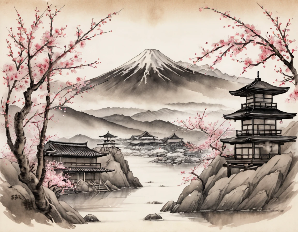Japanese Ink Drawing on parchment, a japanese landscape with mountains in the background and cherry trees in the foreground, burnt edgesink illustration, inkwash, Japanese Ink Drawing