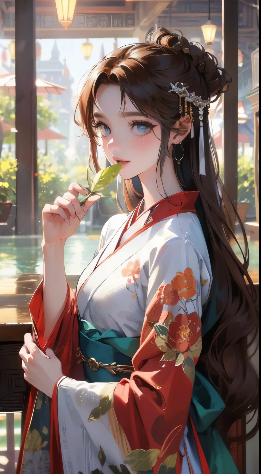 Best quality at best，tmasterpiece，illustratio，an extremely  delicate and beautiful，The is very detailed，CG，unity，8k wallpaper，astounding，finely detailled，tmasterpiece，Best quality at best，offcial art，Very detailed CG unity 8k wallpaper，absurderes，Incredibly Ridiculous res，hugefilesize，ultra - detailed，A high resolution，The is very detailed，Beautiful detailed girl，very detailed eyes and faceeatiful detailed eyes，light in face，（Hanfu：1.1），1girll，full bodyesbian，full bodyesbian，shot of，，tmasterpiece，1girll，solo，brunette color hair，white dresses，，white thighhig，lake，dampness