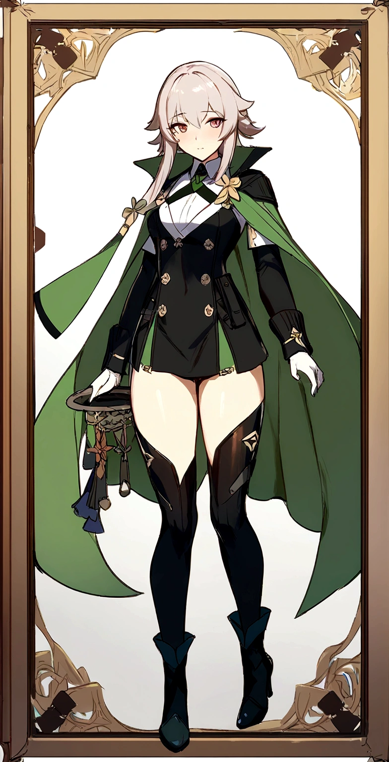 a woman in a uniform and cape stands in front of a scale, from Girls' Frontline, Girls' Frontline style, fine-details. Girls' Frontline, Girls' Frontline universe, anime full body illustration, cushart krenz arte chave feminino, impacto de ayaka genshin, Girls' Frontline cg, personagem de impacto genshin, yandere. Cao Cao, full body xianxia