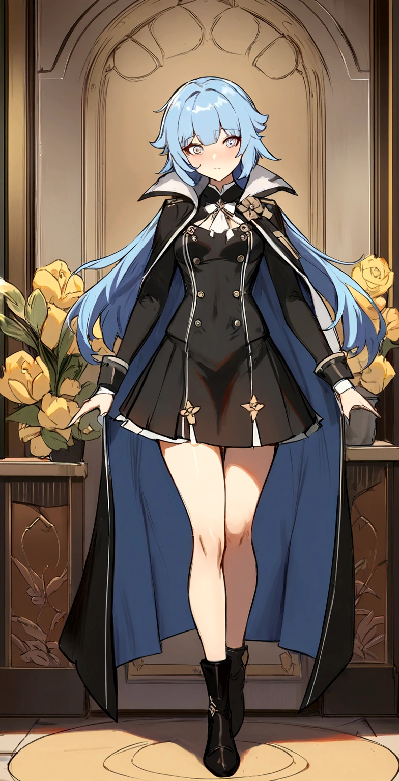a woman in a uniform and cape stands in front of a scale, from Girls' Frontline, Girls' Frontline style, fine-details. Girls' Frontline, Girls' Frontline universe, anime full body illustration, cushart krenz arte chave feminino, impacto de ayaka genshin, Girls' Frontline cg, personagem de impacto genshin, yandere. Cao Cao, full body xianxia