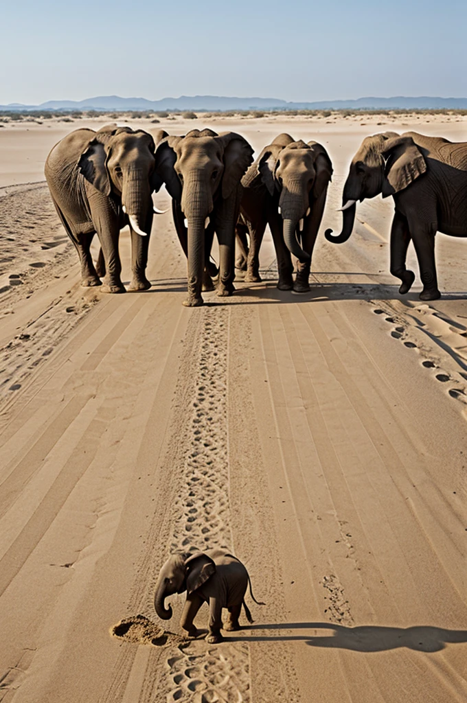 4 pattes d elephants qui marche dans le sable. Entre ses pattes un sourie du désert avec ses grandes oreilles en train de courrir sans toucher le sol