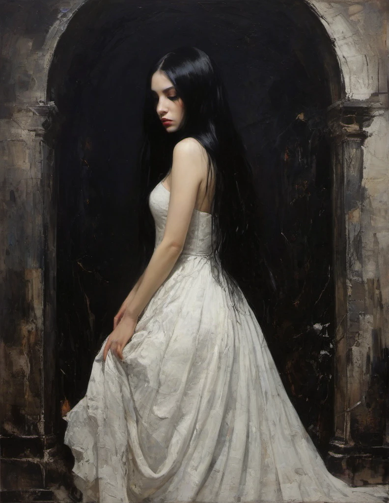 James Gurney, Surrealist art , dream-like, Mysterious, Provocative, symbolic, Complex, detailed,, (Gothic but very beautiful:1.4), (masterpiece, highest quality:1.4) , Nicola Samori Style, girl with long black hair, she's sad, white dress