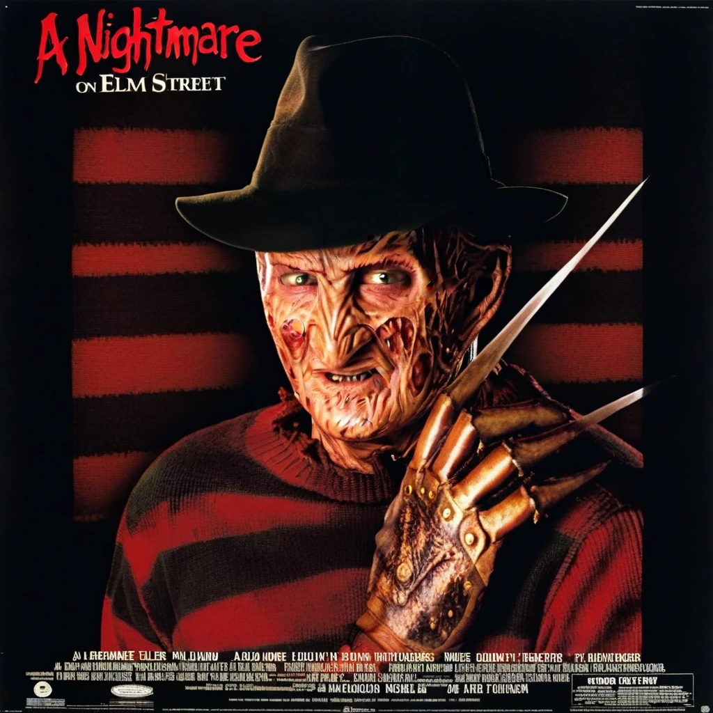 a vintage movie poster of " A nightmare on elm street" with Freddy Krueger in the middle, a white clothes NUN on the left and a blond femake teenager on the right