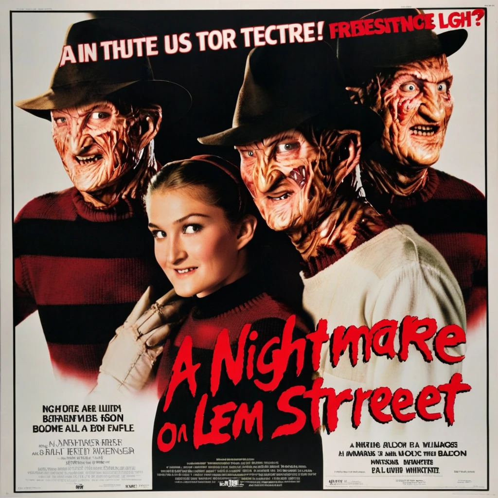 a vintage movie poster of " A nightmare on elm street" with Freddy Krueger in the middle, a white clothes NUN on the left and a blond femake ager on the right