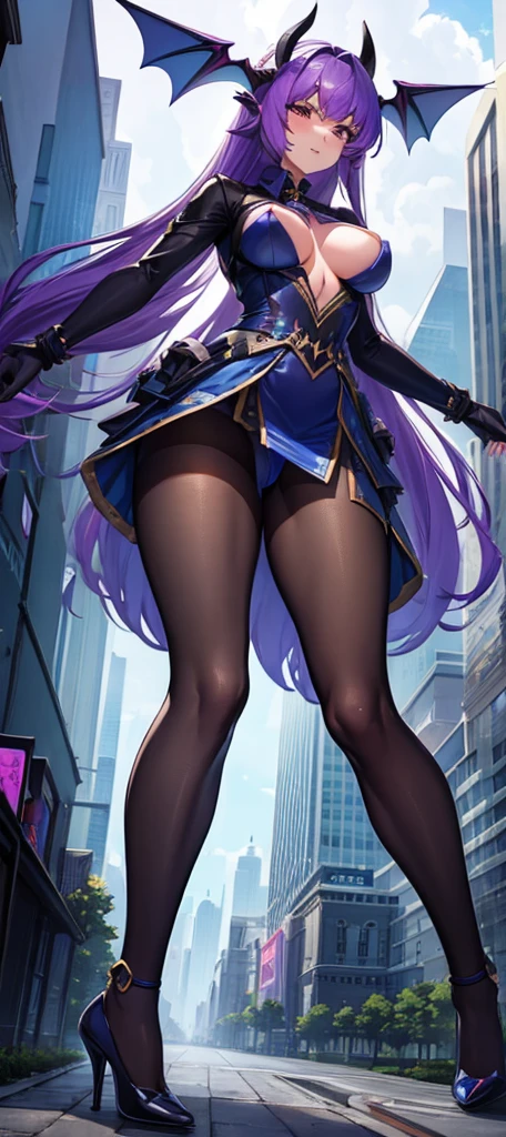 A colossal giantess succubus walks into a tiny city, breaking the floor and everything with her heels, she looks down and mocks you as you see from below her tiny tits and long legs covered all in transparent pantyhose, look down, evil, better quality, close, photo under her