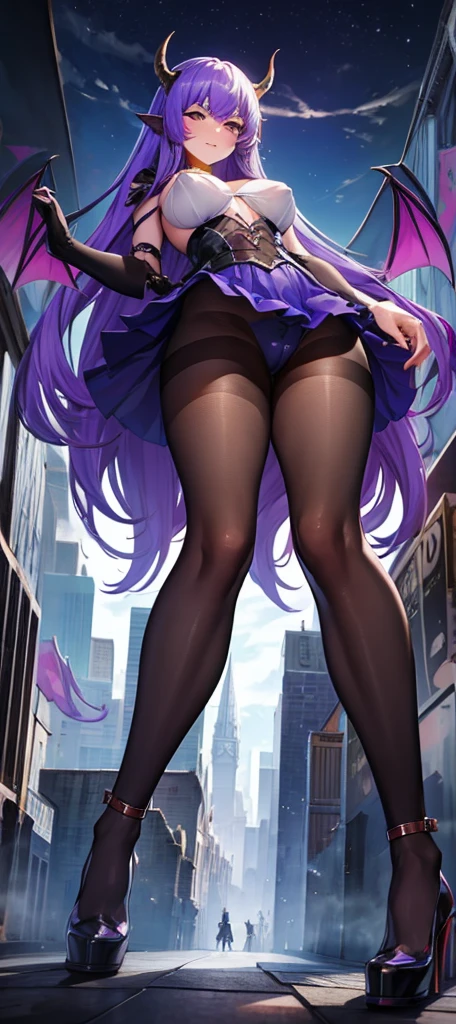 A colossal giantess succubus walks into a tiny city, breaking the floor and everything with her heels, she looks down and mocks you as you see from below her tiny tits and long legs covered all in transparent pantyhose, look down, evil, better quality, close, photo under her