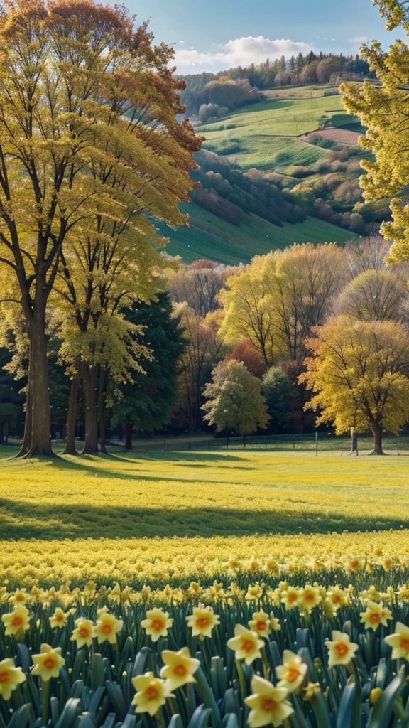 Nature landscape, spring and vibrant daffodils beautiful scene, saturated with color ,High Definition Photography, Realistic nature, HD 4K.