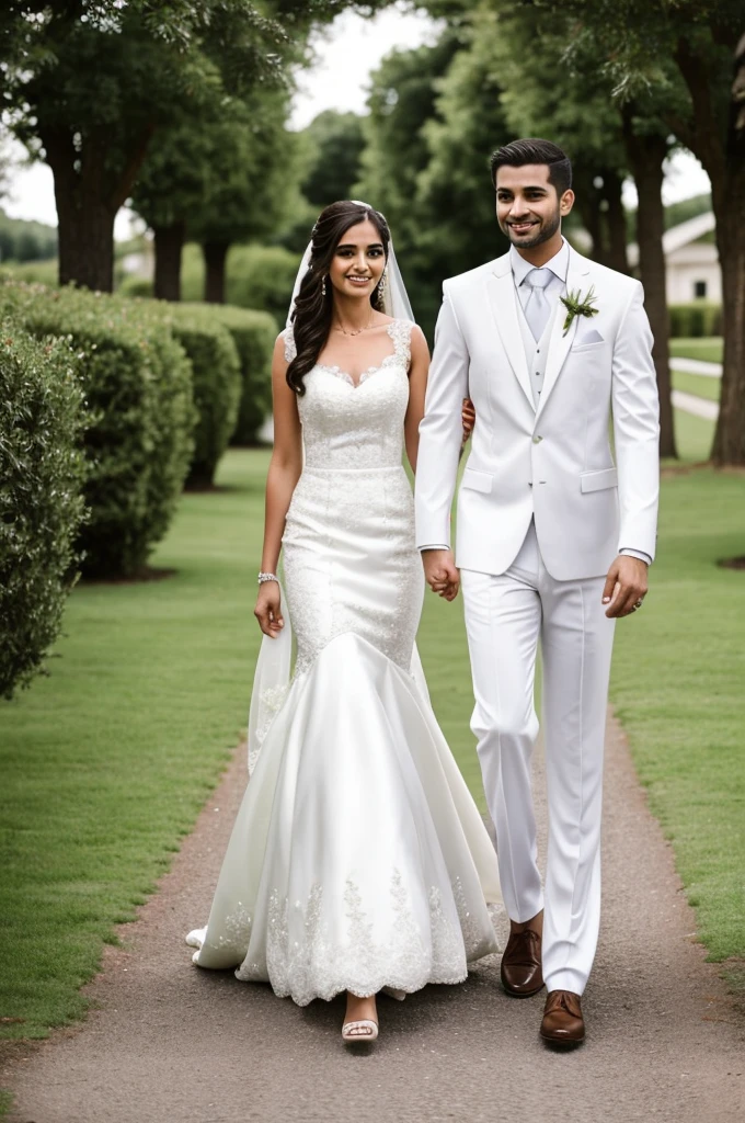 ((best quality)), ((masterpiece)), (detailed), perfect face woman dressed in white walking hand in hand with her groom towards her wedding