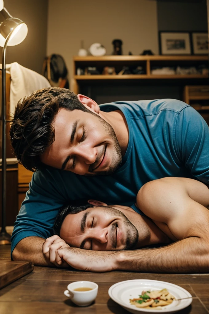 These two guys are fucking on the sofa. (They are men) (There are 2 people) (One man has a manly face) (The other one has a cute face)