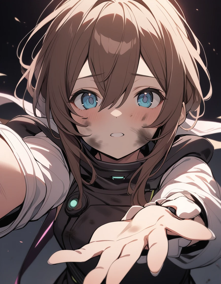1 Girl, Amiya \(Ark of Tomorrow\), Ark of Tomorrow, Dirty face, Outstretched Hand, close up, angle, shorten, dark, dark background, masterpiece, best quality