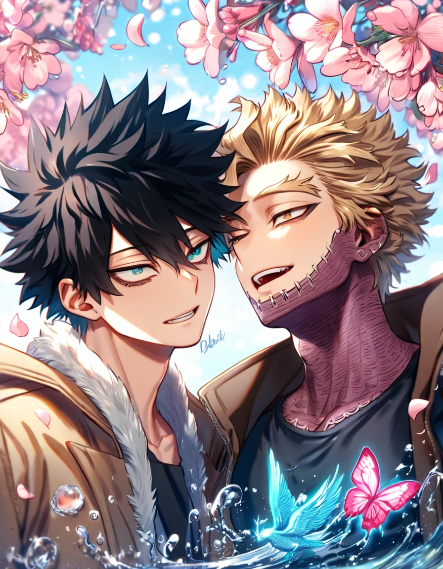 absurdres, highres, ultra detailed, HDR, master piece, best quality, extremely detailed face, delicated features, Hawks, ash blond hair, expressive brown eyes, Boku No Hero Academia, Dabi, black hair, expressive turquoise eyes, two sexy men together, yaoi, gay couple, handsome, brown jacket with fur, black tight shirt, black coat, water, blossoms, pink flowers, pink butterflies, fantasy, magic, radiant
