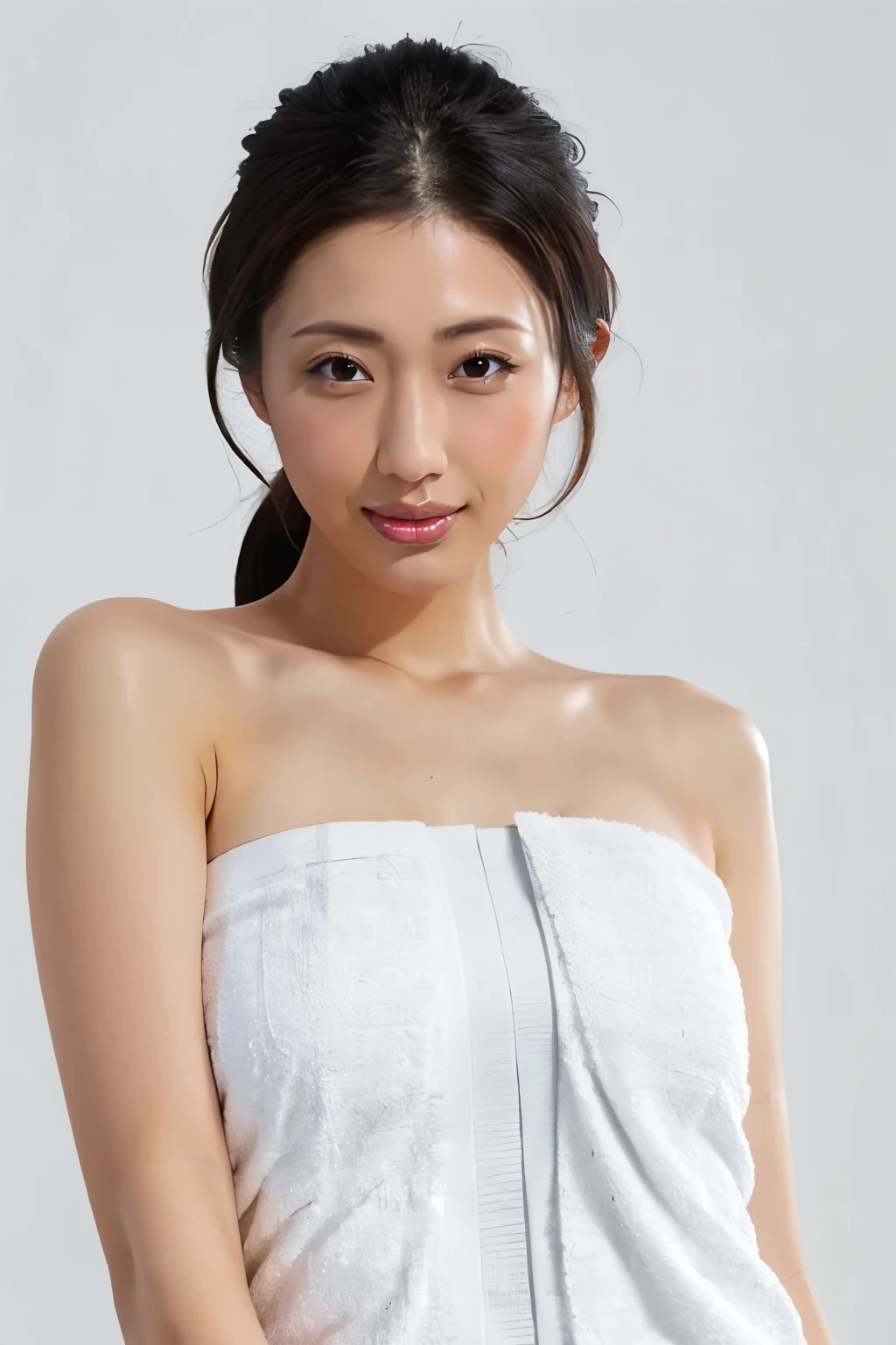 (Highest quality、Tabletop、8K、Best image quality、Award-winning works)、One beautiful woman、(Naked with a bath towel wrapped around her:1.3)、(The simplest pure white background:1.2)、(Damp Hair:1.3)、(Sweaty, damp skin:1.3)、Brightly lit face、Hot face、(Staring at me with a cold, blank look:1.3)、(White skin:1.2)、Short chignon、Very bright、Beautiful face in ultra-high definition、Ultra HD Hair、Ultra High Definition Moist, Shiny skin、Super high quality glossy lip、(Accurate anatomy:1.1)、(Big Breasts:1.3)、Slender body、(Accentuate your body lines:1.1)、(Accurate anatomy:1.2)、(Perfect beautiful bath towels:1.5)、look at me、Standing Elegantly、(Close-up of face:1.7)