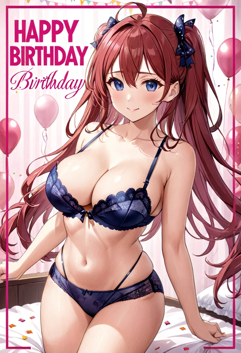 Happy birthday card, sexy waifu, anime style. Busty, lingerie with the words "happy birthday"