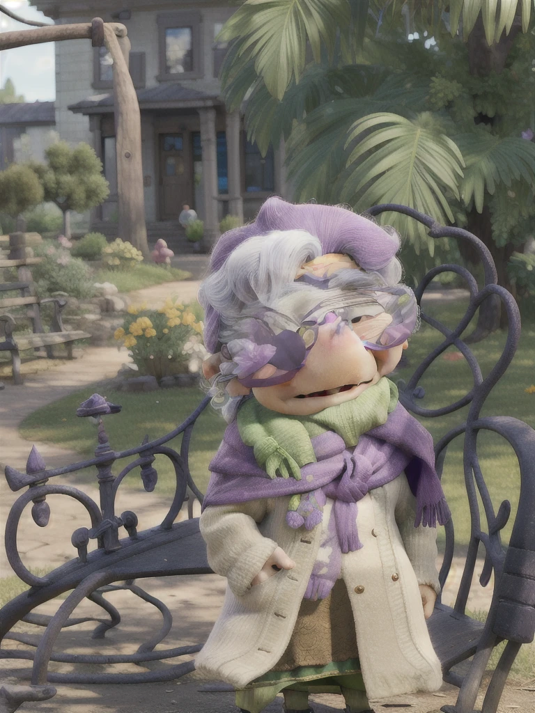 masterpiece, best quality, an old woman with glasses and a scarf on, wearing a purple coat and green scarf, standing at the park